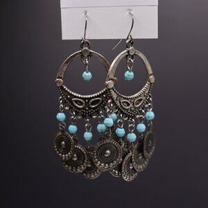 Turquoise Beaded Chandelier Earrings Silver Tone Boho Statement Dangle
